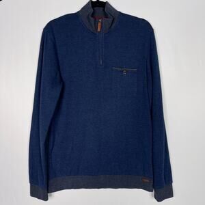 Ted Baker Mens 3 M Navy Blue Bevyhil Quarter Zip Pullover Sweater Cotton Leather